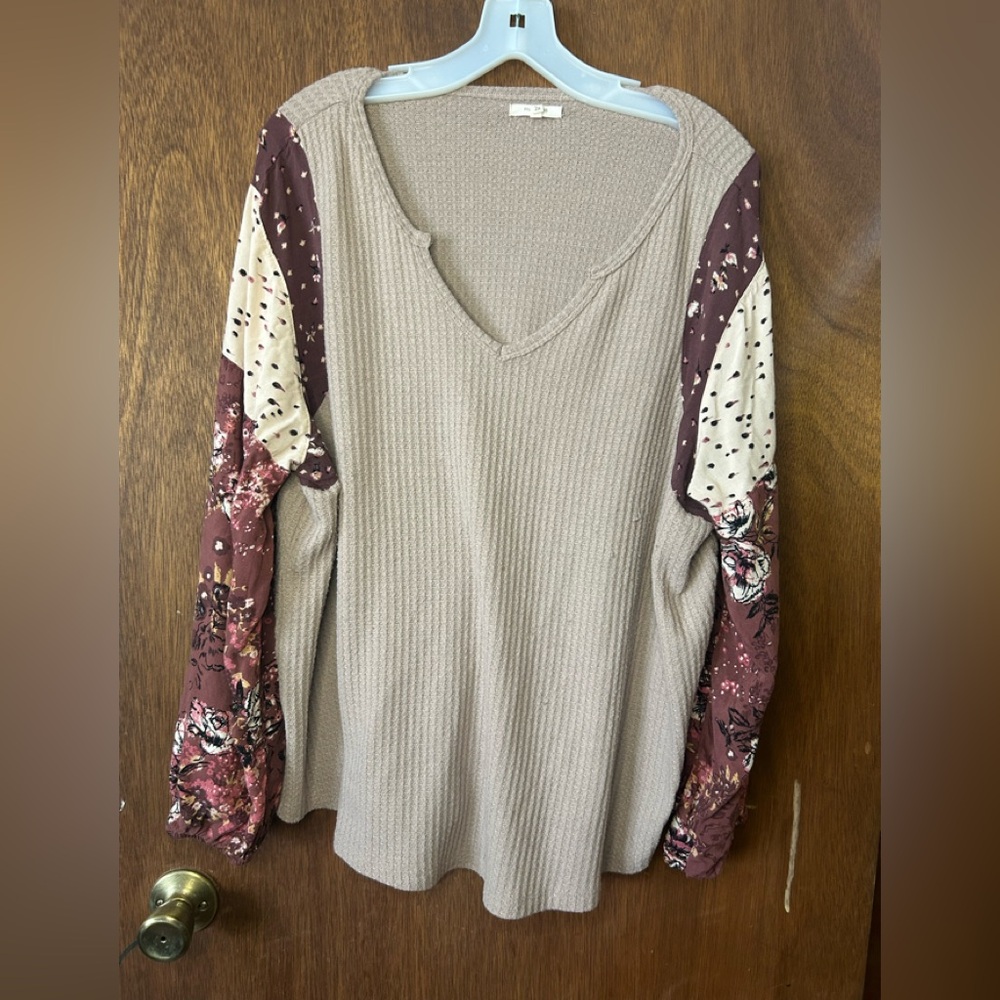 Maurices Taupe and Burgundy Floral Sleeve Blouse